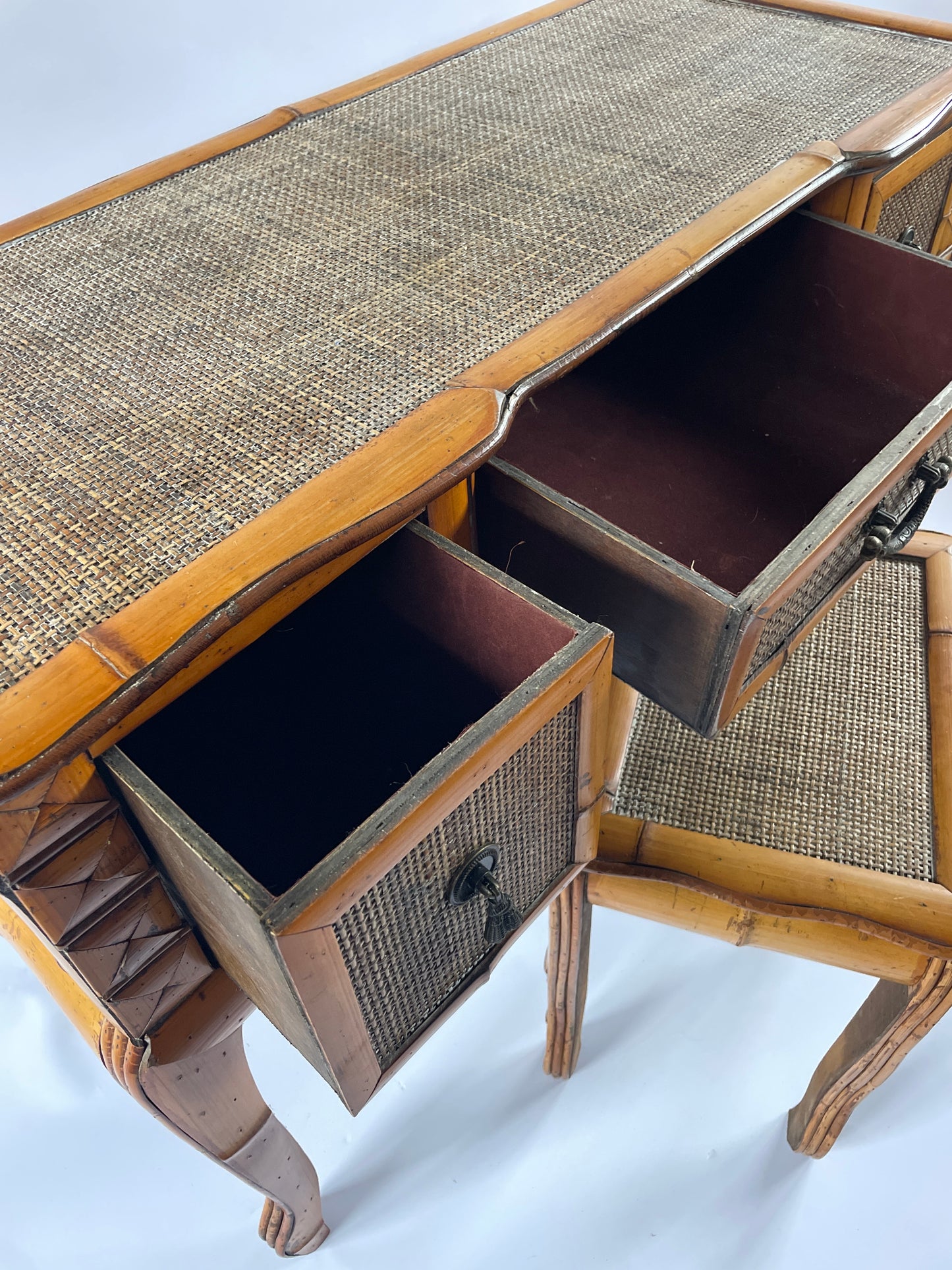 Mid-Century Bamboo Dressing Table, Mirror and Stool.