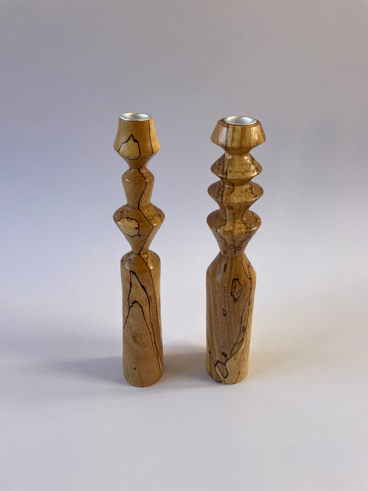 Pair of Hand Turned Spalted Beech Candleholders