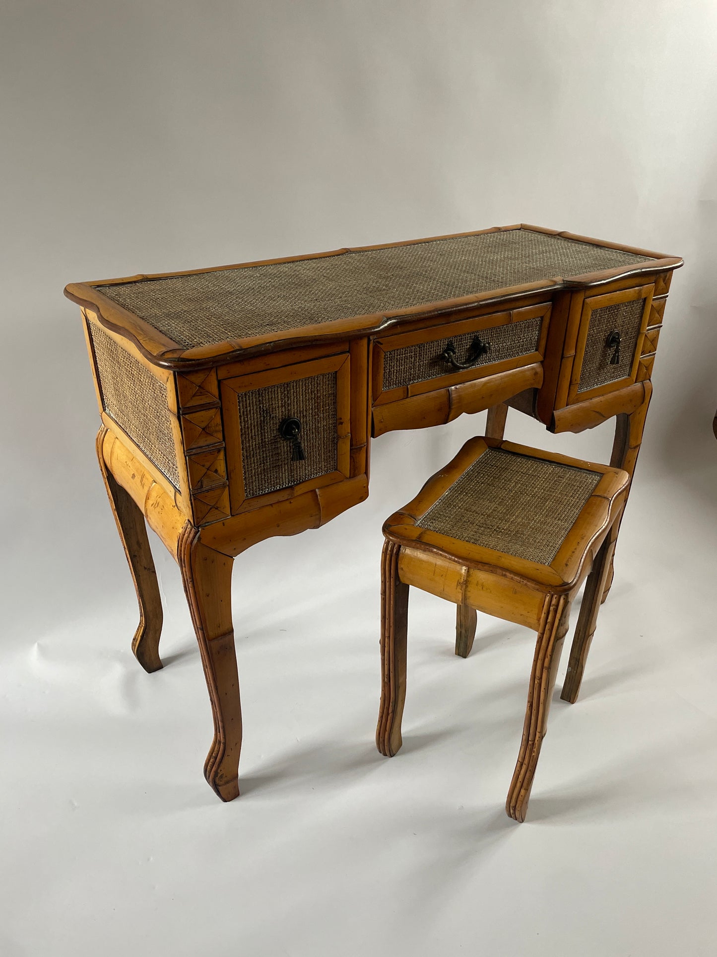 Mid-Century Bamboo Dressing Table, Mirror and Stool.