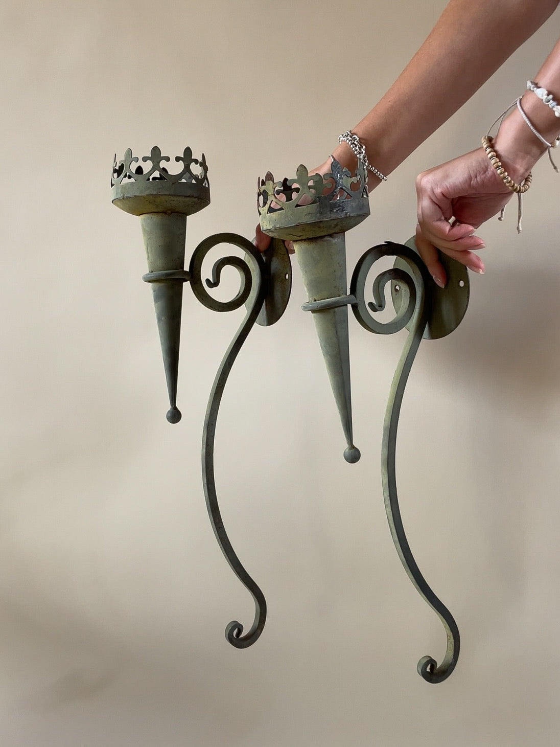 Pair of vintage iron verdigris wall candle sconces