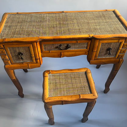 Mid-Century Bamboo Dressing Table, Mirror and Stool.