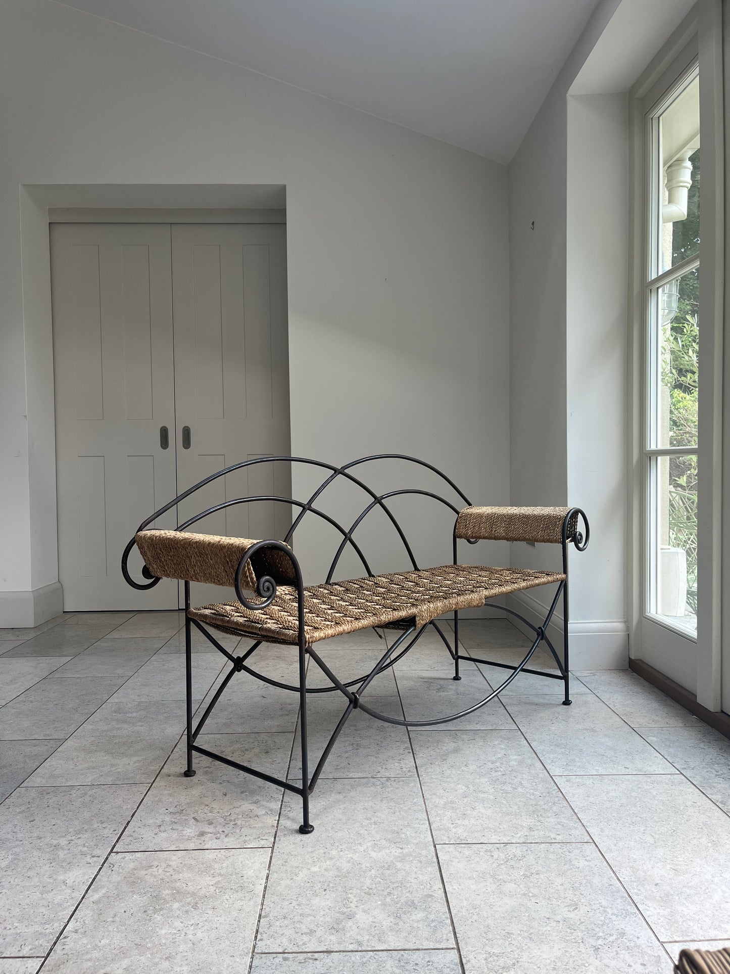 French Wrought Iron and Paper Cord Bench.