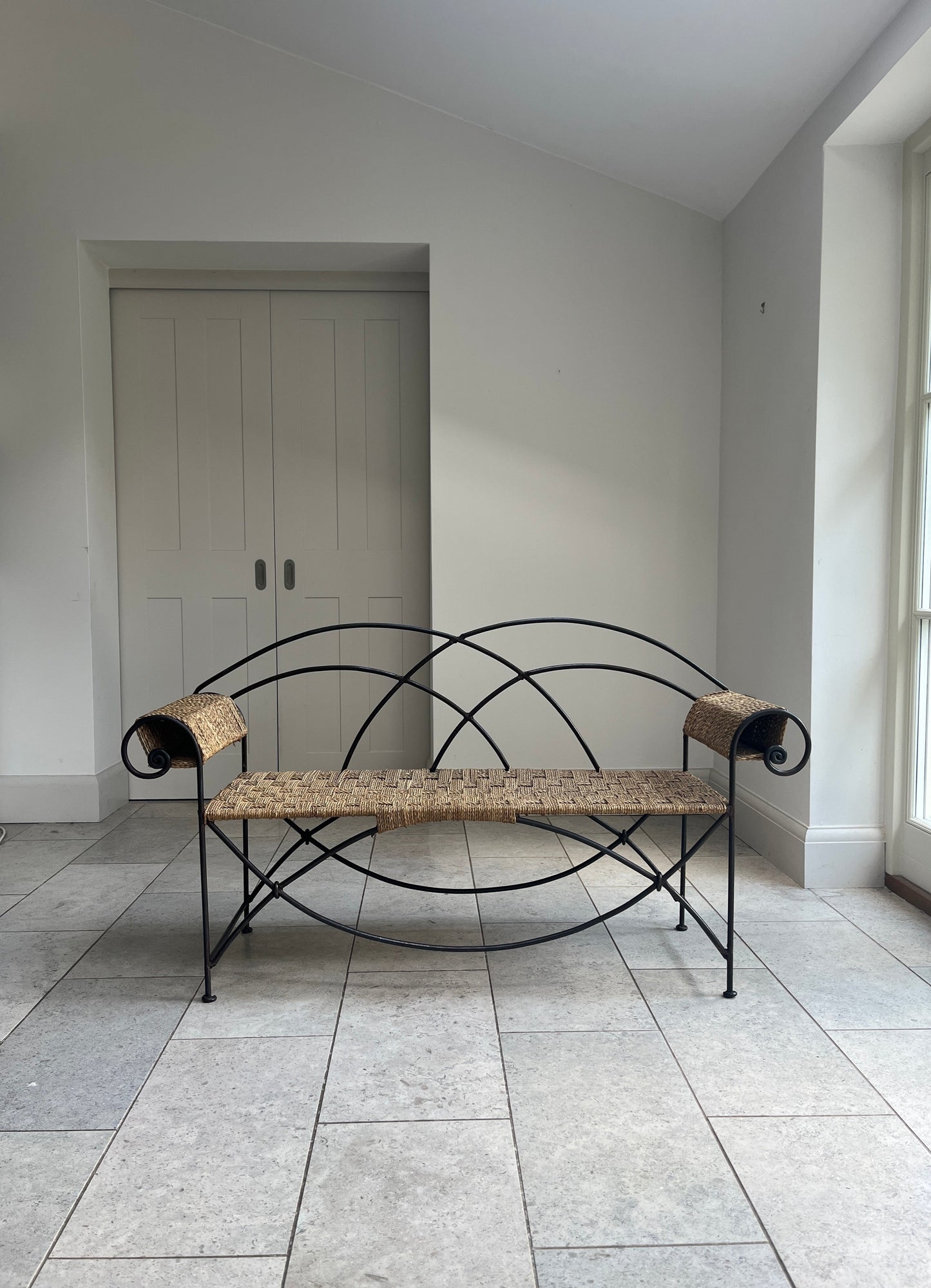 French Wrought Iron and Paper Cord Bench.