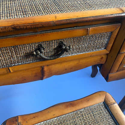 Mid-Century Bamboo Dressing Table, Mirror and Stool.