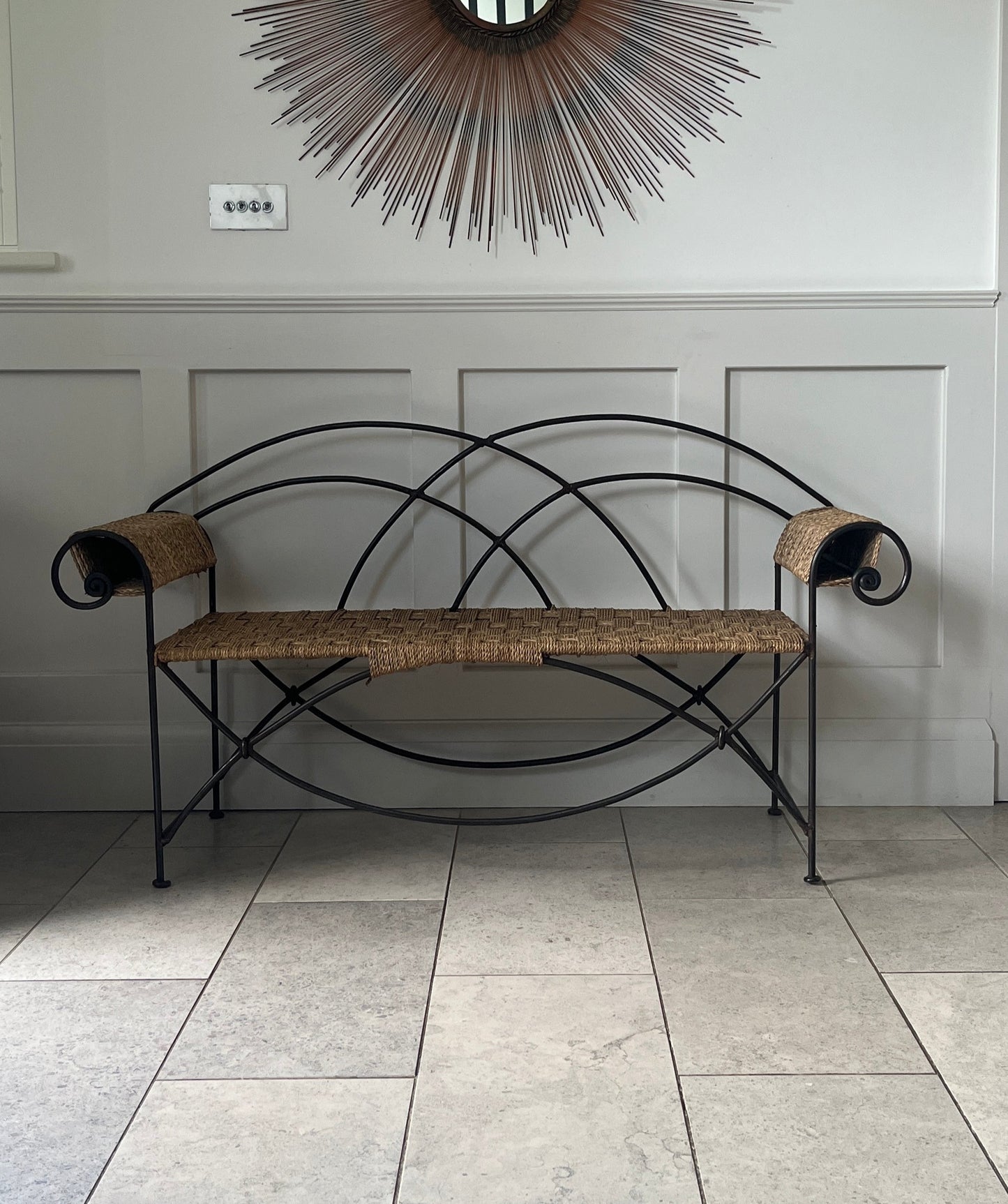 French Wrought Iron and Paper Cord Bench.