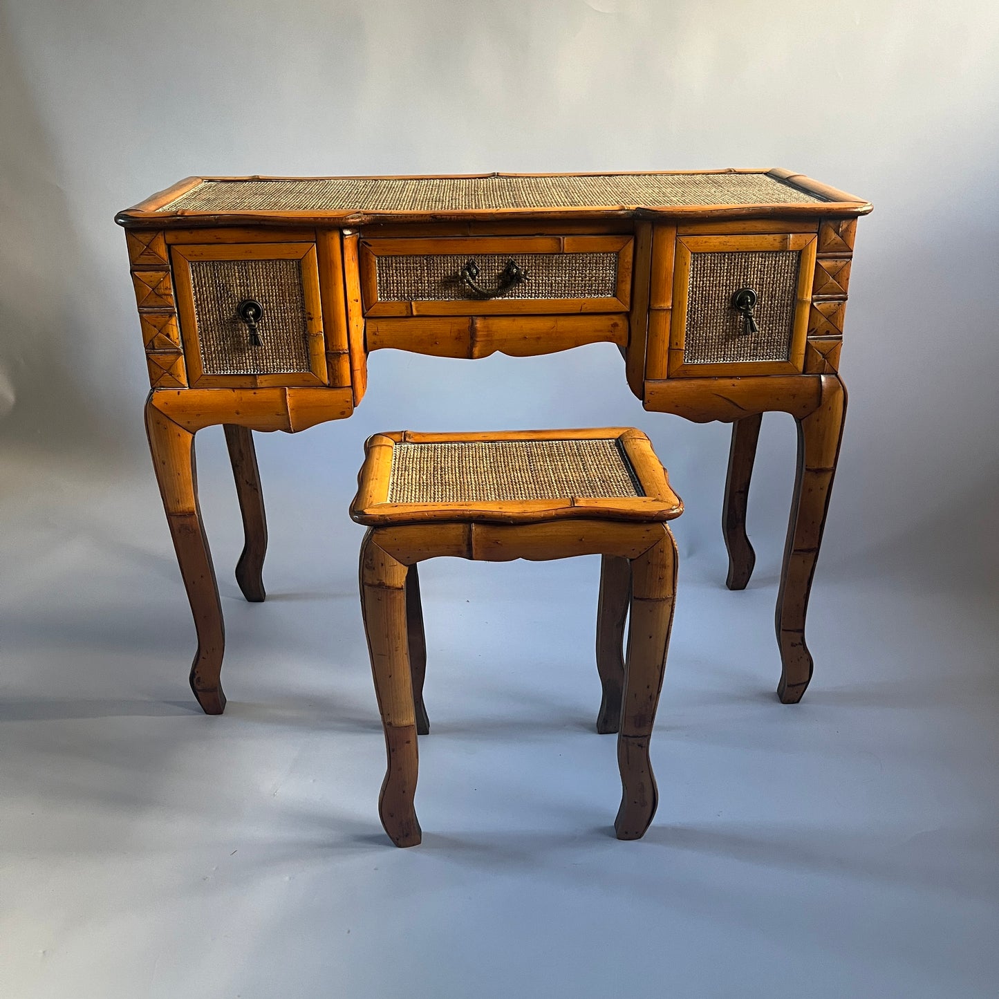 Mid-Century Bamboo Dressing Table, Mirror and Stool.