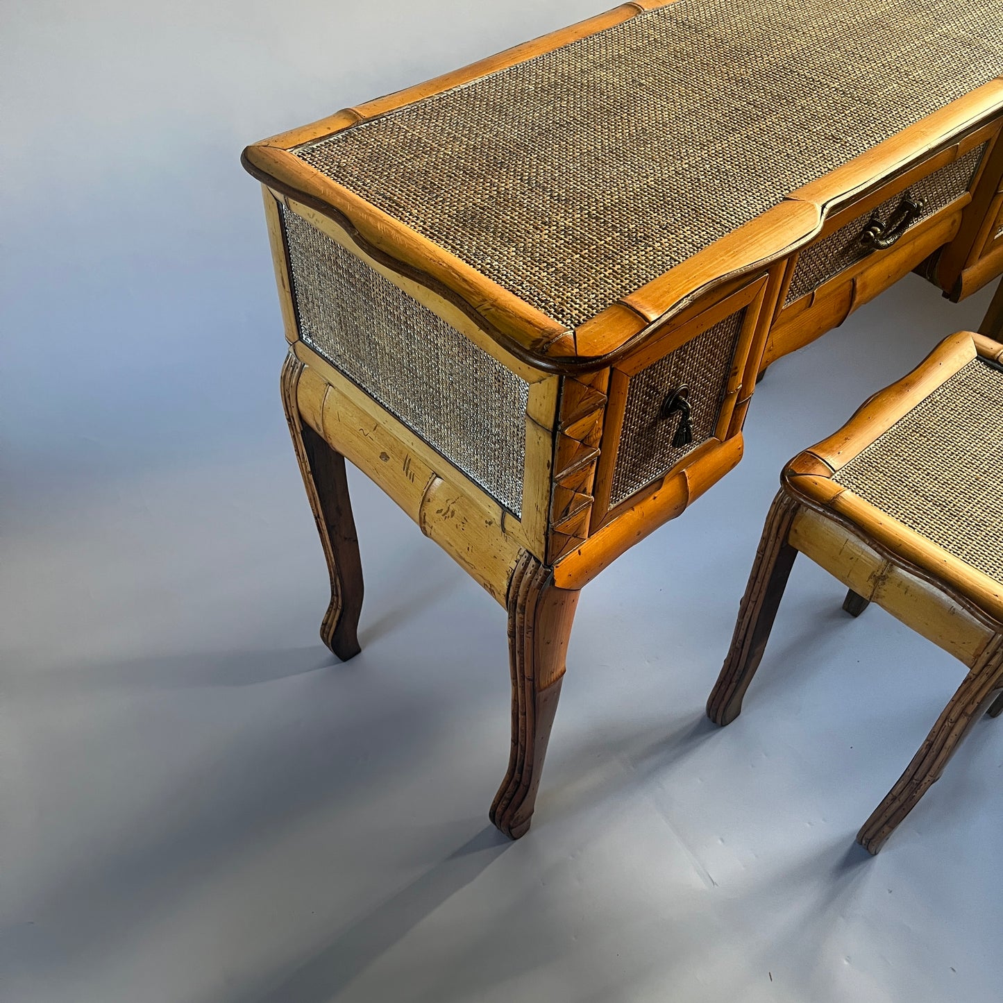 Mid-Century Bamboo Dressing Table, Mirror and Stool.