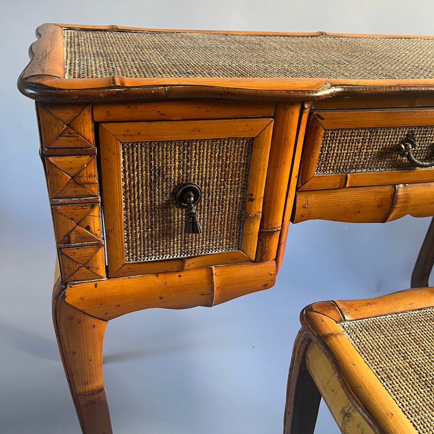 Mid-Century Bamboo Dressing Table, Mirror and Stool.