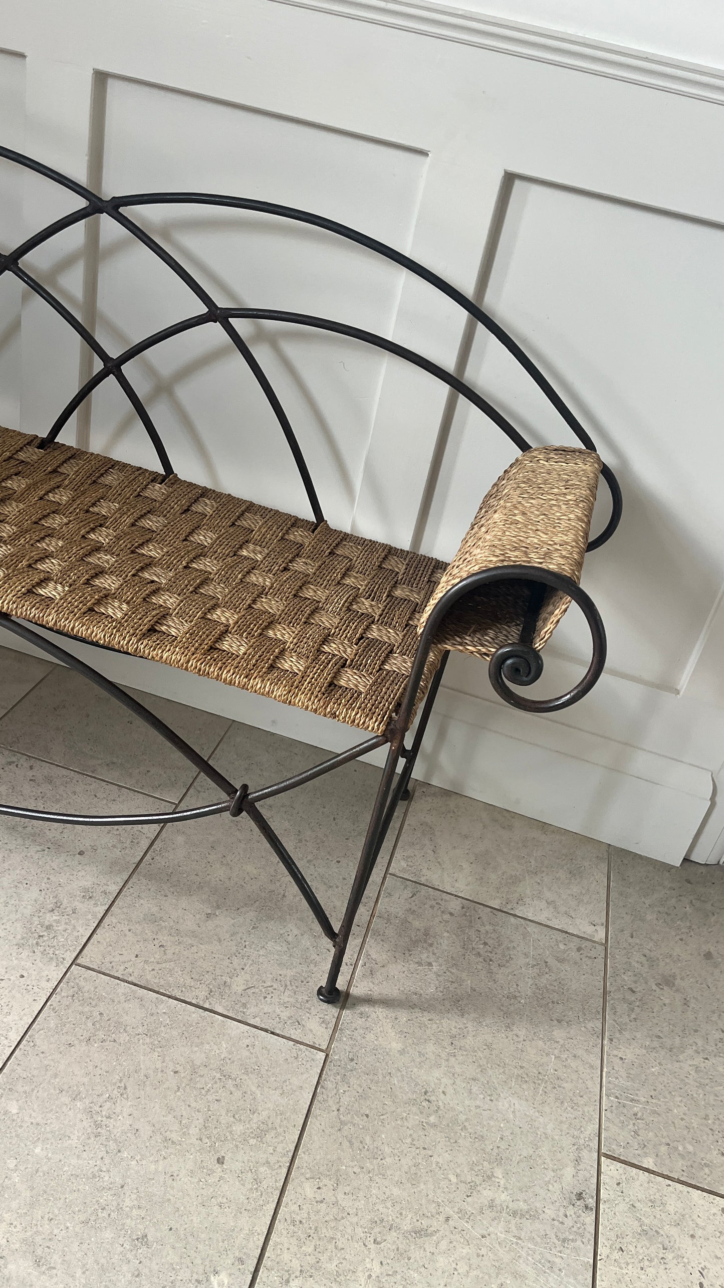 French Wrought Iron and Paper Cord Bench.