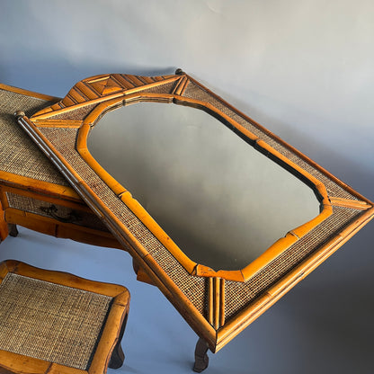 Mid-Century Bamboo Dressing Table, Mirror and Stool.