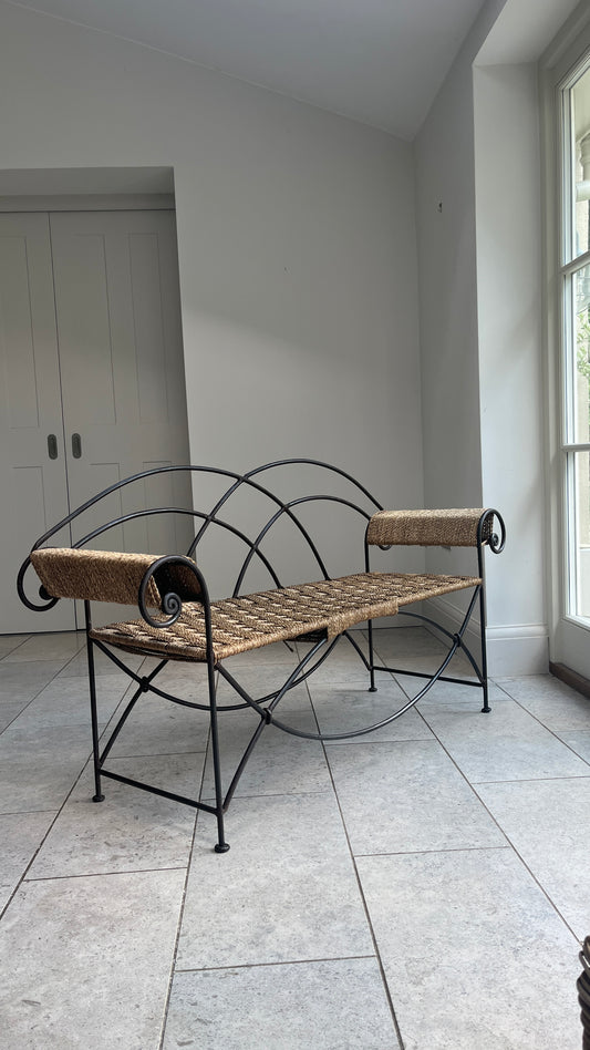 French Wrought Iron and Paper Cord Bench.