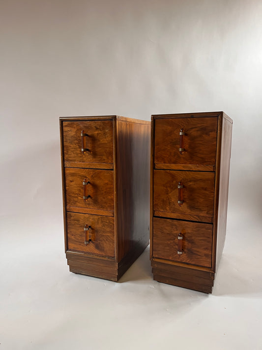 pair of art deco burr walnut bedside tables with original bakerlite handles