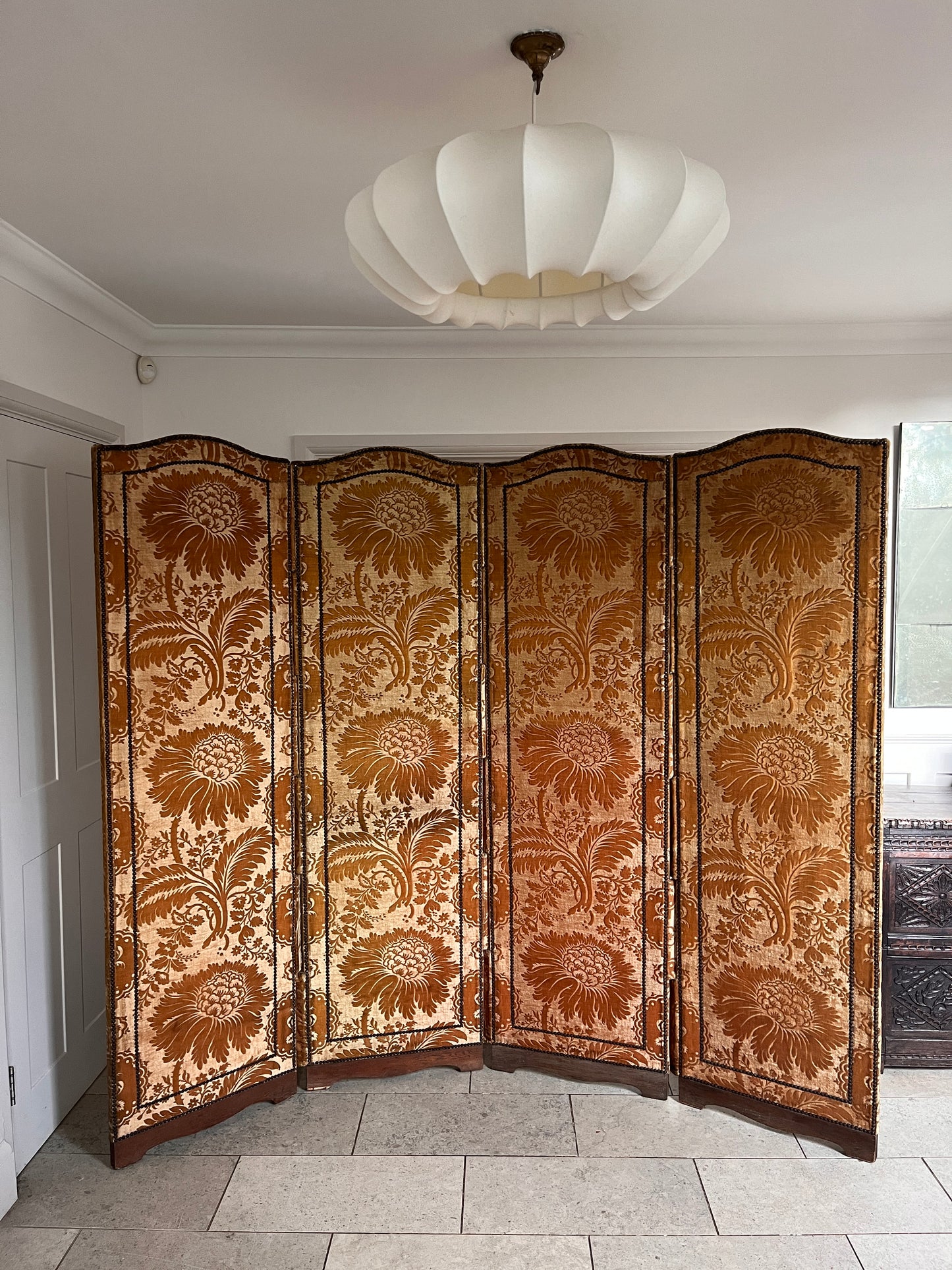 Large Silk Damask Folding Screen. Paris C.1930