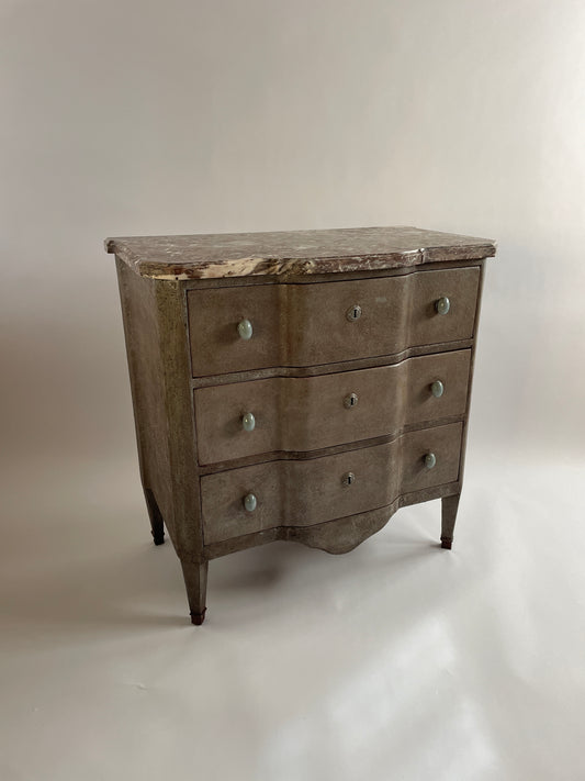  18th Century French Marble Topped Chest. Antique blue commode gesso