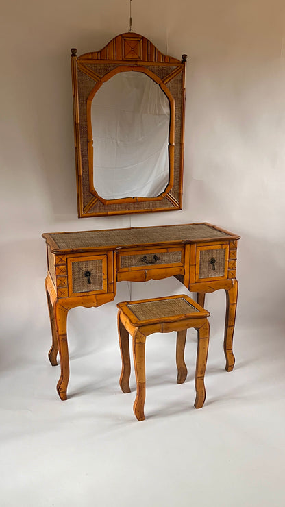 Mid-Century Bamboo Dressing Table, Mirror and Stool.