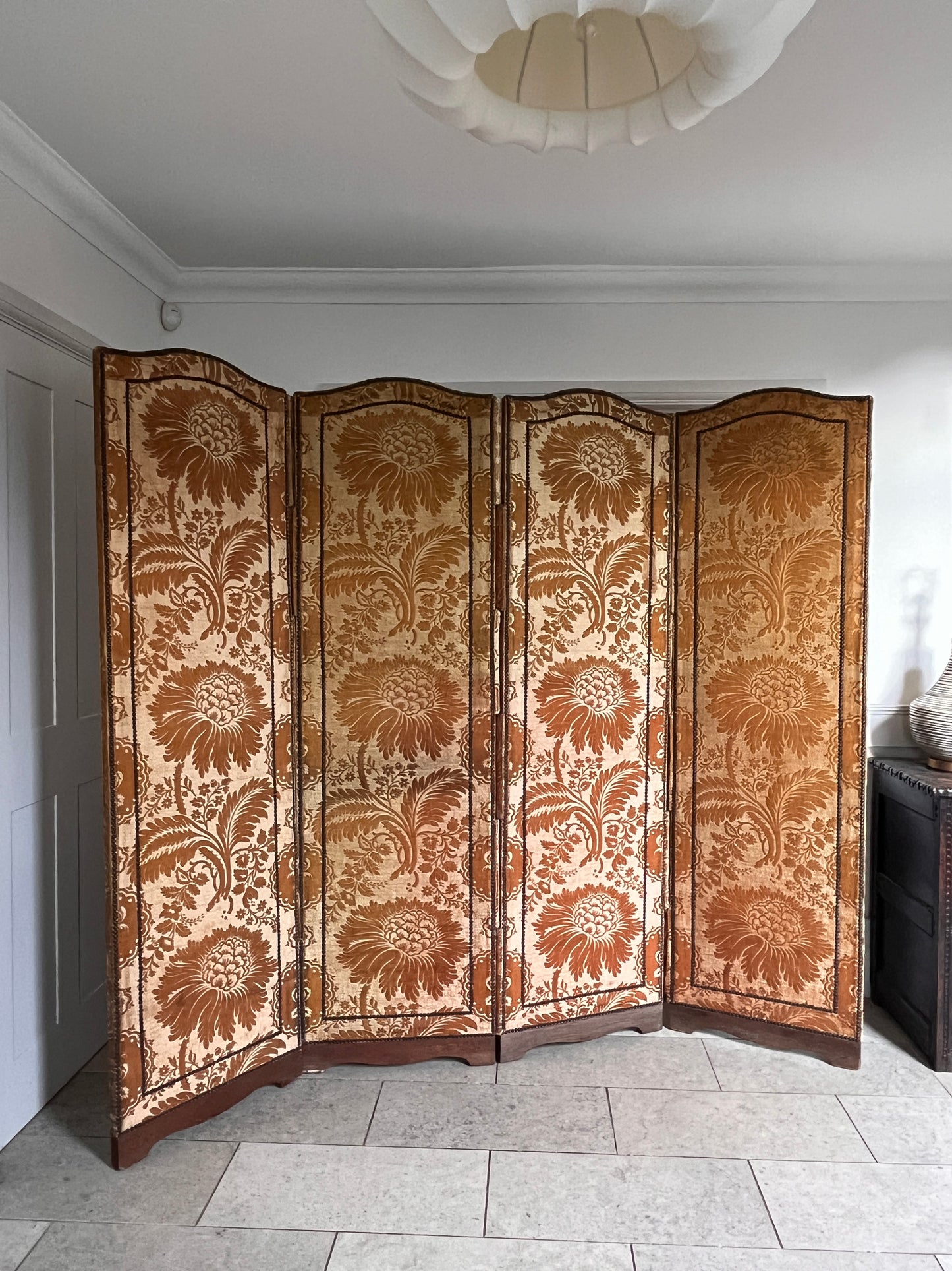 Large Silk Damask Folding Screen. Paris C.1930